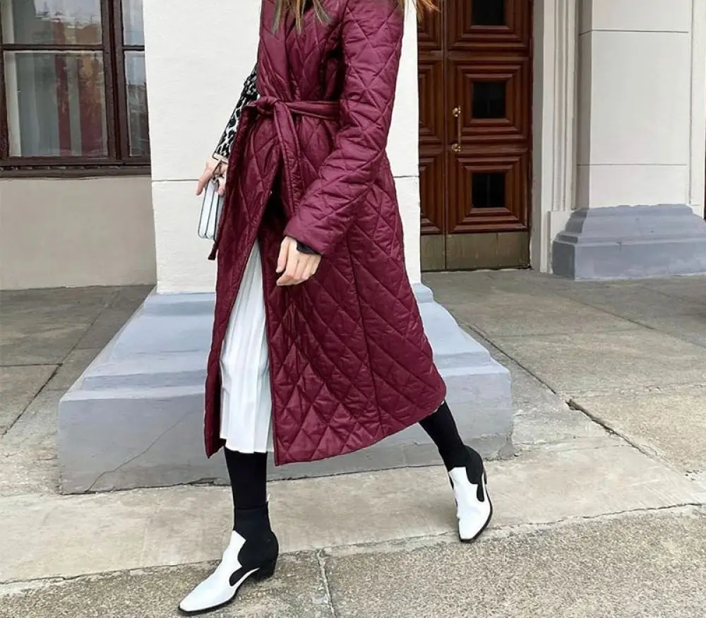 

Cotton padded long winter coat female Casual pocket sash women parkas High street tailored collar stylish overcoat 2020