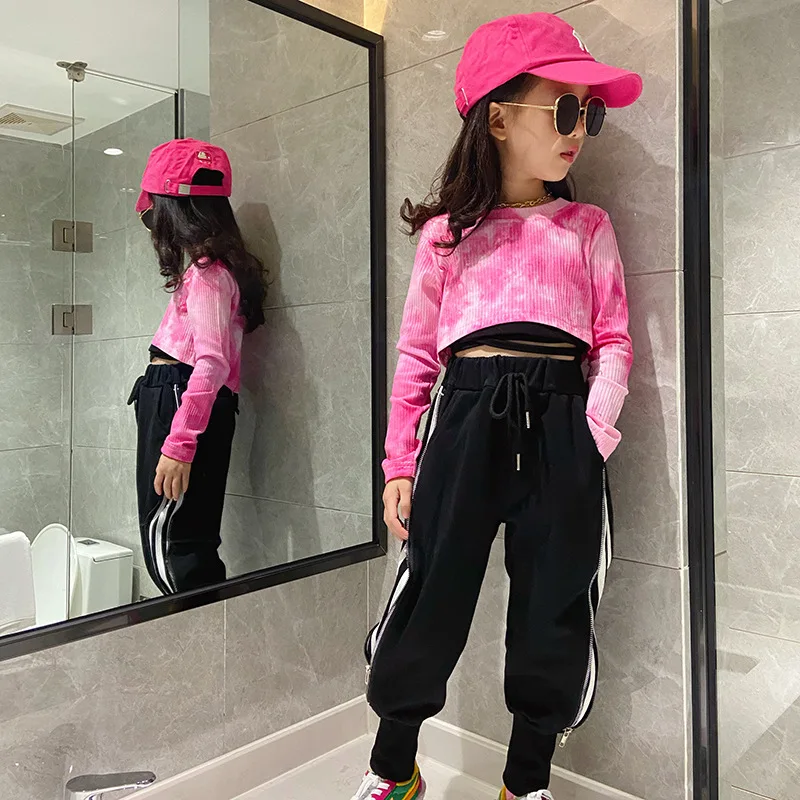 Girls' pink tie-dye short T-shirt with black straps, children's new autumn 2021 top
Girls' pink tie-dye short T-shirt with black straps, children's new autumn 2021 top