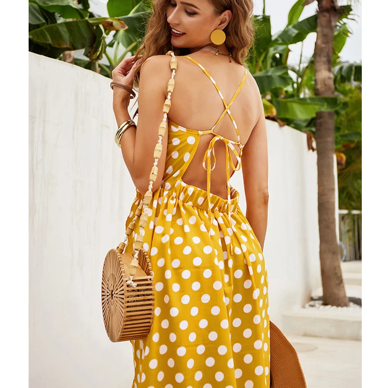 

Sexy Women Dot Long Yellow Dress Female V-neck Sleeveless Dress High Waist Irregular Backless Summer Dress for Party Vestidos