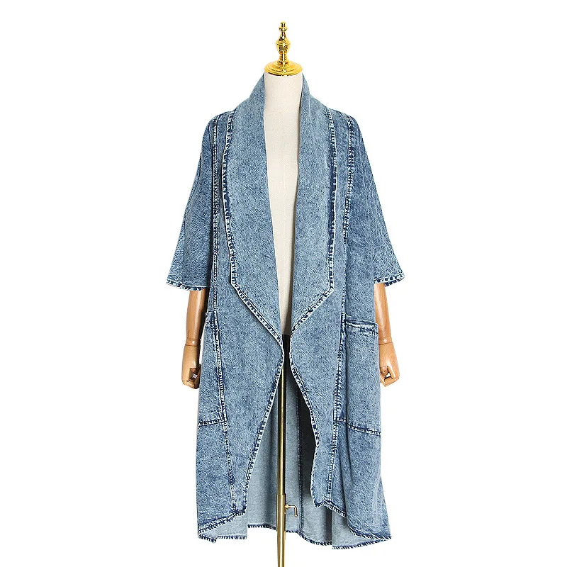 Fashion summer new loose lapel five-point sleeve irregular hem long denim coat women
Fashion summer new loose lapel five-point sleeve irregular hem long denim coat women