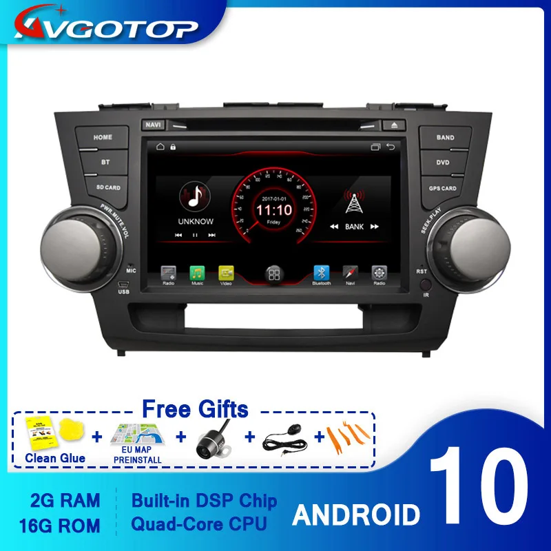 Фото AVGOTOP Android 10 WINCE Bluetooth GPS автомобильный Радио dvd плеер для TOYOTA Highlander 2G 16G MP3 MP4