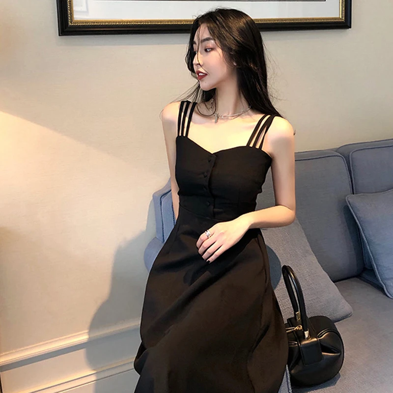 Long Sling Dress For Womens Casual Summer Women Sleeveless Button Dresses Black White Red A Line Dress Korean 
Long Sling Dress For Womens Casual Summer Women Sleeveless Button Dresses Black White Red A Line Dress Korean