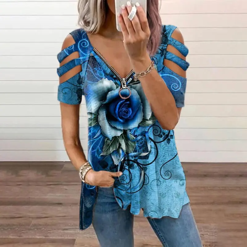 Rose Printing Summer Women's Cold Shoulder Short Sleeved V-neck Top Loose Casual Printing T-shirt Top Fashion Shirt Plus Size
Rose Printing Summer Women's Cold Shoulder Short Sleeved V-neck Top Loose Casual Printing T-shirt Top Fashion Shirt Plus Size