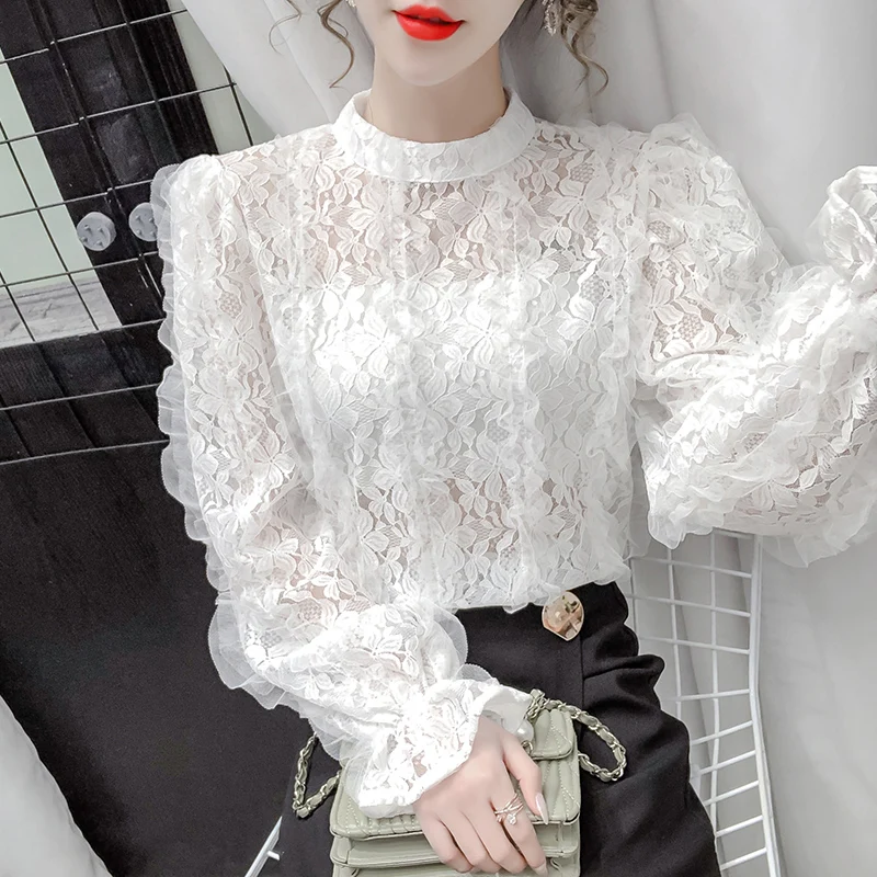 Hollow Out Lace Shirt Women's Long Sleeve Spring Blouse 2021 New Summer Stand-up Collar Flared Sleeves Blouses Female Shirts Top
Hollow Out Lace Shirt Women's Long Sleeve Spring Blouse 2021 New Summer Stand-up Collar Flared Sleeves Blouses Female Shirts Top