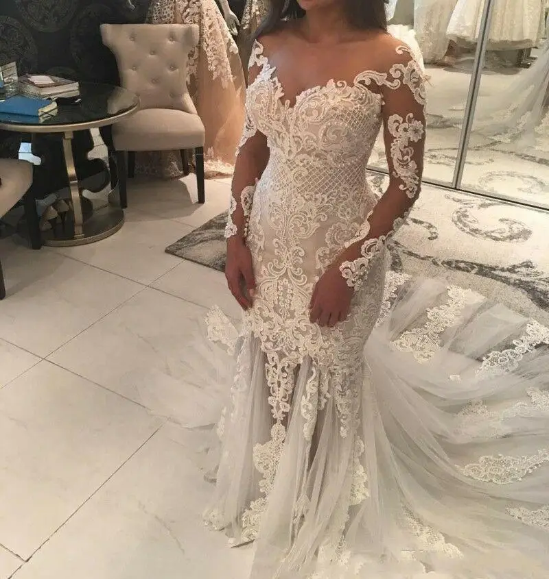 Graceful Lace Appliques Mermaid Wedding Dresses Vestios De Novia Sweep Train Illusion Long Sleeves Back Bridal Gowns
Graceful Lace Appliques Mermaid Wedding Dresses Vestios De Novia Sweep Train Illusion Long Sleeves Back Bridal Gowns