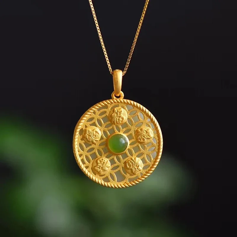 Natural Hetian jade Round Pendant Necklace Chinese retro palace style unique gold craft charm women silver jewelry
Natural Hetian jade Round Pendant Necklace Chinese retro palace style unique gold craft charm women silver jewelry