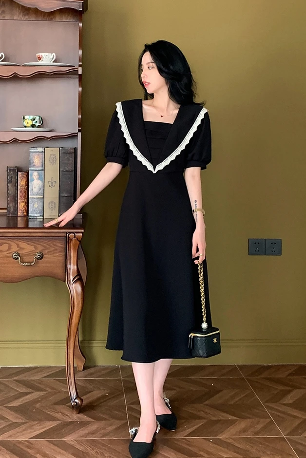 COIGARSAM French Style Lace Women dress Summer Vintage Turn-down Collar High Waist Dresses Black 1105
COIGARSAM French Style Lace Women dress Summer Vintage Turn-down Collar High Waist Dresses Black 1105