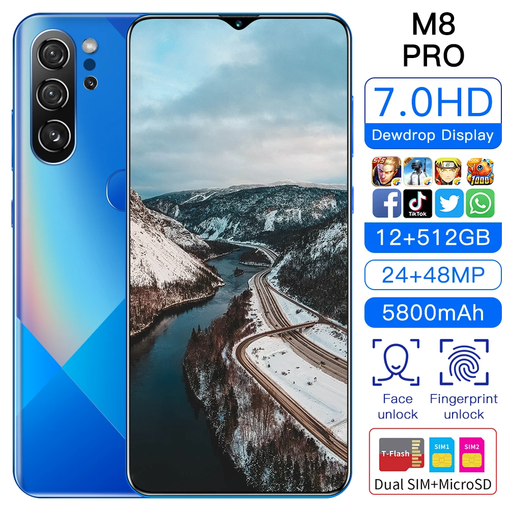 M8 Pro 7.0 Inch HD 5G Smartphones Android 10.0 12GB+512GB MTK-6899 10-Core Mobile Phones 24+48MP Camera Cellphones
M8 Pro 7.0 Inch HD 5G Smartphones Android 10.0 12GB+512GB MTK-6899 10-Core Mobile Phones 24+48MP Camera Cellphones