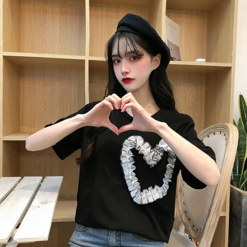 Summer Love Heart Splice Short Sleeves T-Shirt Loose Women Fashion Round Neck Top Casual Students Korean Solid Color Tee Clothes
Summer Love Heart Splice Short Sleeves T-Shirt Loose Women Fashion Round Neck Top Casual Students Korean Solid Color Tee Clothes