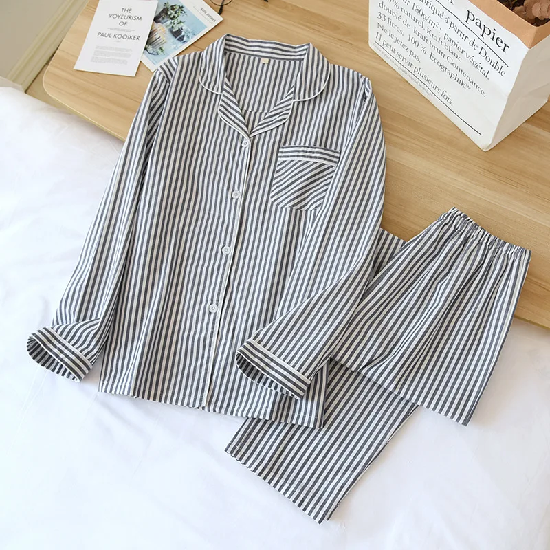 Conjunto Lenceria Mujer Vertical Stripes Cotton Gauze Sleeping Couple Suit Long-sleeved Casual Home Wear Women's Home Clothes
Conjunto Lenceria Mujer Vertical Stripes Cotton Gauze Sleeping Couple Suit Long-sleeved Casual Home Wear Women's Home Clothes