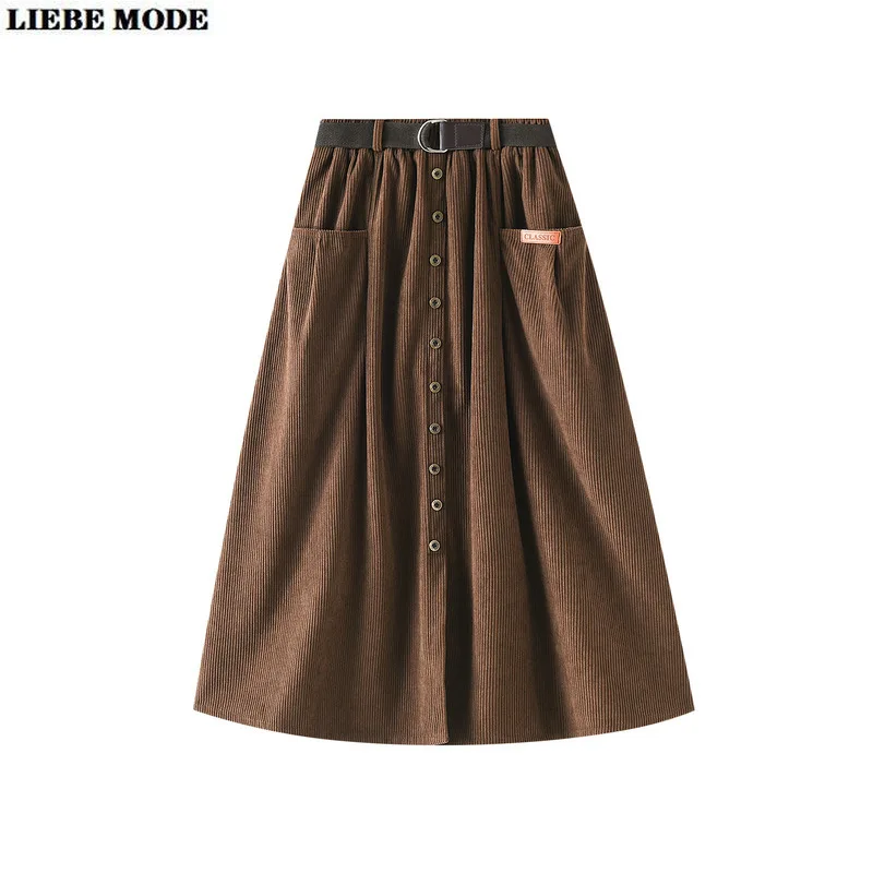 Autumn Winter Female Vintage Corduroy Long Skirt Women Single Breasted Fashion Casual High Waist A Line Skirt with Pocket Belt 
Autumn Winter Female Vintage Corduroy Long Skirt Women Single Breasted Fashion Casual High Waist A Line Skirt with Pocket Belt