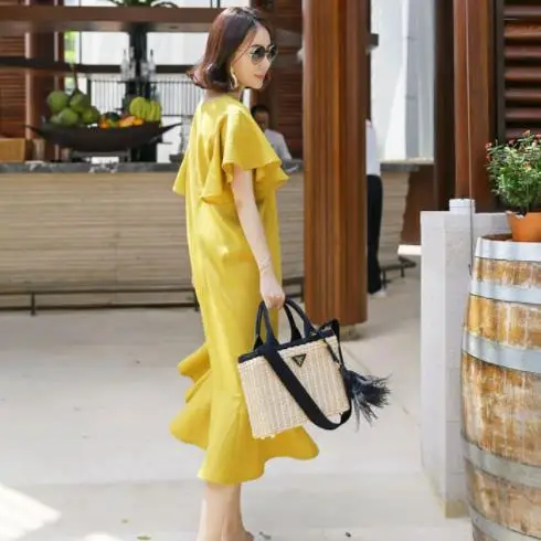 Желтое хлопковое льняное свободное летнее платье с рукавом-бабочкой корейский