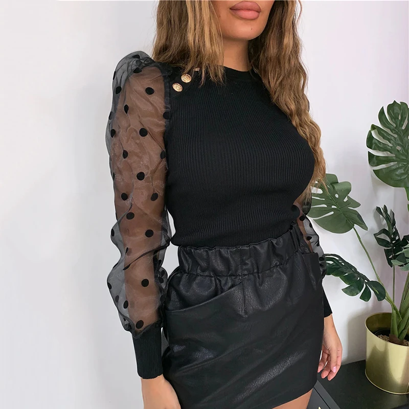 Wipalo Spring Autumn Women Sexy Shirts O-Neck Long Puff Sleeve Casual Solid Tops Bodycon Pullover Dot Sequins Mesh Female Blouse | Женская
