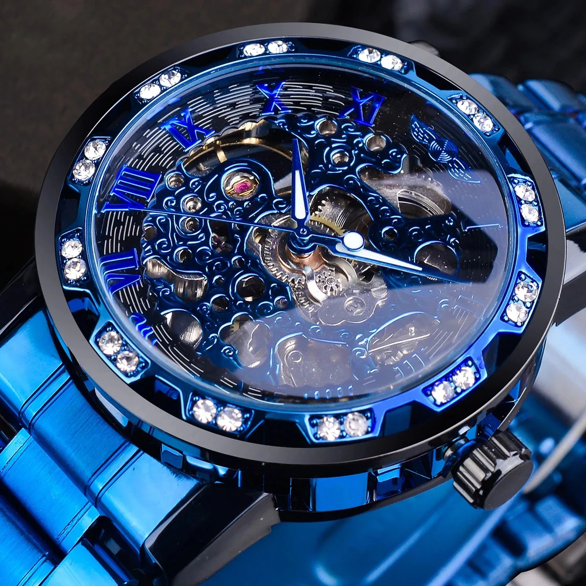 Winner Top Brand Luxury Business Fashion Hollow Diamond Mechanical Watch Blue Stainless Steel Skeleton Watch Luminous Male Clock
Winner Top Brand Luxury Business Fashion Hollow Diamond Mechanical Watch Blue Stainless Steel Skeleton Watch Luminous Male Clock