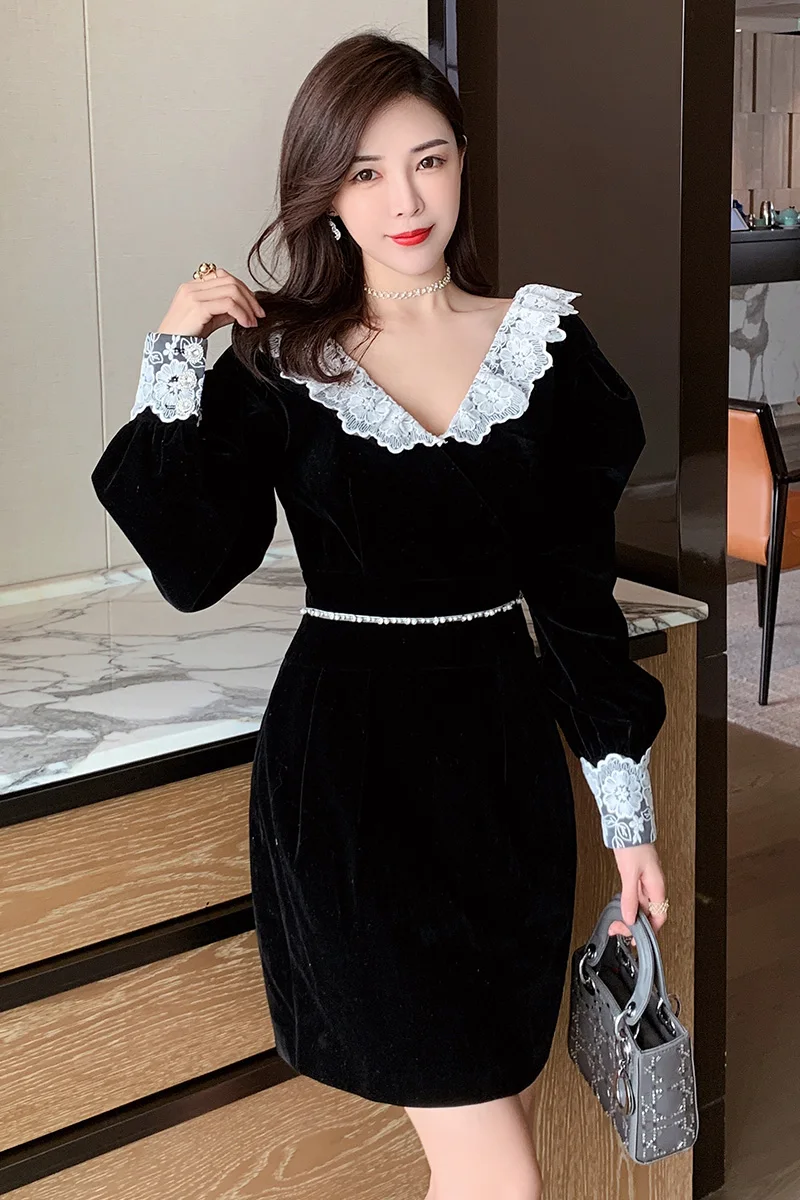 COIGARSAM Full Women dress Spring Lace Lantern Sleeve O-Neck High Waist Dresses Black 8255
COIGARSAM Full Women dress Spring Lace Lantern Sleeve O-Neck High Waist Dresses Black 8255