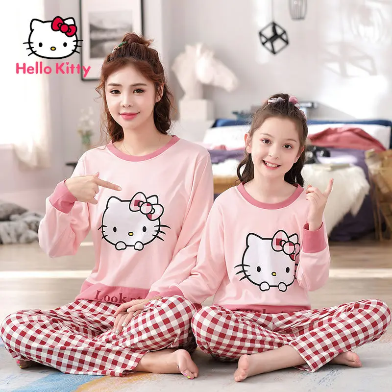 

Хлопковая пижама Hello Kitty с длинным рукавом для мамы и дочери, осень и зима, комплект из двух предметов для дома, костюм для детей и родителей