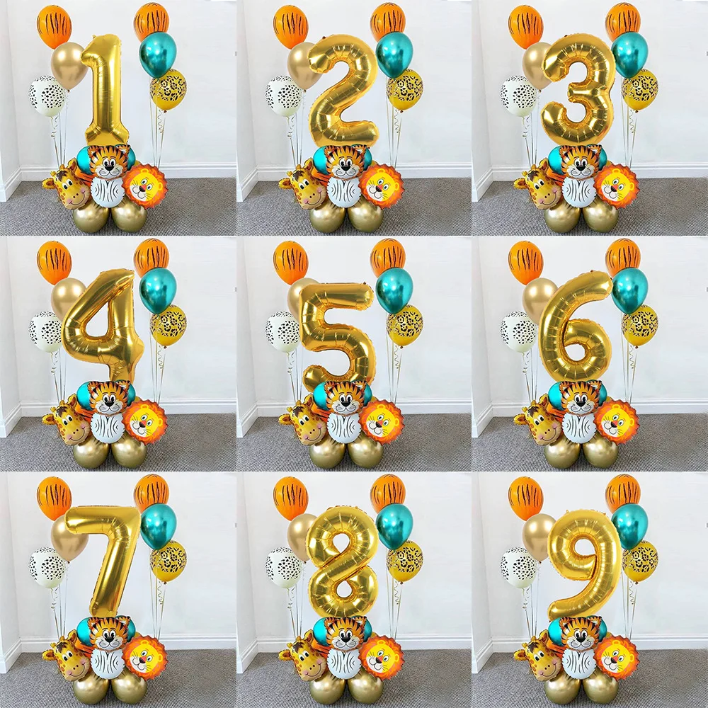 

18Pcs Jungle Animal Balloons Set Chrome Metallic Latex Balloon 30inch Gold Number Globos Kids Birthday Party Baby Shower Decor