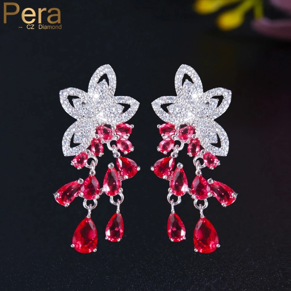 

Pera Unique Ruby Red Cubic Zirconia Flower Waterdrop CZ Tassel Dangling Drop Earrings for Best Friend Party Jewelry Gift E632