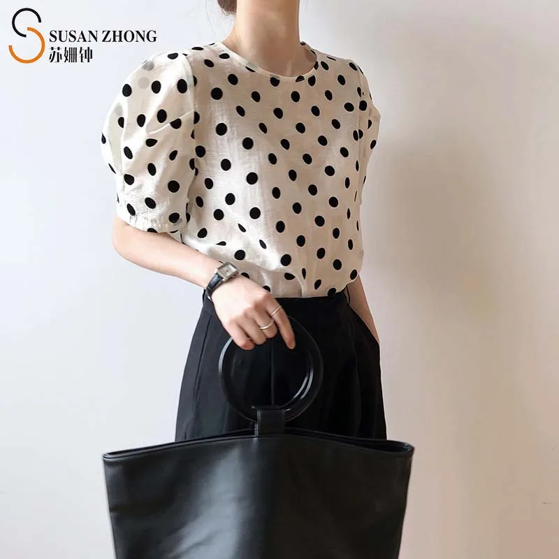 Women Shirts Summer Female Blouse Short Puff Sleeve Tops Polka Dot Pattern Straight Loose Round Neck Vintage Korean Fashion New
Women Shirts Summer Female Blouse Short Puff Sleeve Tops Polka Dot Pattern Straight Loose Round Neck Vintage Korean Fashion New
