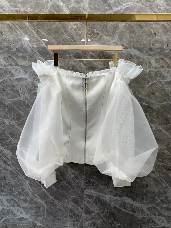 2021 early spring new fashion women's clothing sleeves mesh perspective stitching decorative jersey-neck short top 104 
2021 early spring new fashion women's clothing sleeves mesh perspective stitching decorative jersey-neck short top 104