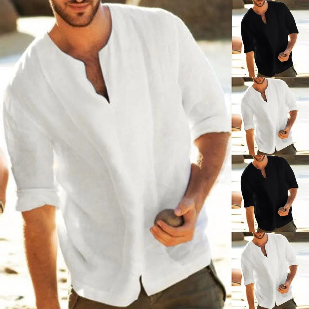 Men's Summer Blouses Baggy Beach Hawaiian Cotton Linen Solid Color 3/4 Sleeve V Neck White Shirts Tops 2019
Men's Summer Blouses Baggy Beach Hawaiian Cotton Linen Solid Color 3/4 Sleeve V Neck White Shirts Tops 2019