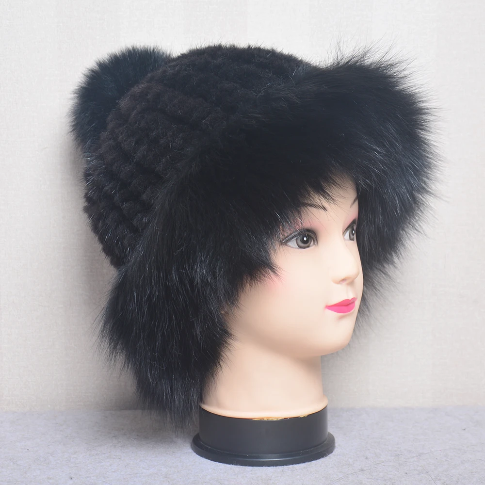 Lady Winter Outdoor Luxury Knitted Real Genuine Fox Fur Balls Hats Women Mink Caps Beanies Hat Skullies | Аксессуары для одежды