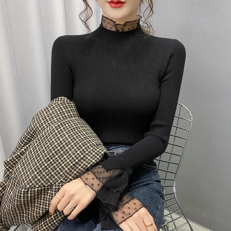 2021 Autumn Winter Half Turtleneck Women Pullover Jumpers Knitted Female Lace Patchwork Slim Elastic Basic Knitwear Ropa Mujer
2021 Autumn Winter Half Turtleneck Women Pullover Jumpers Knitted Female Lace Patchwork Slim Elastic Basic Knitwear Ropa Mujer