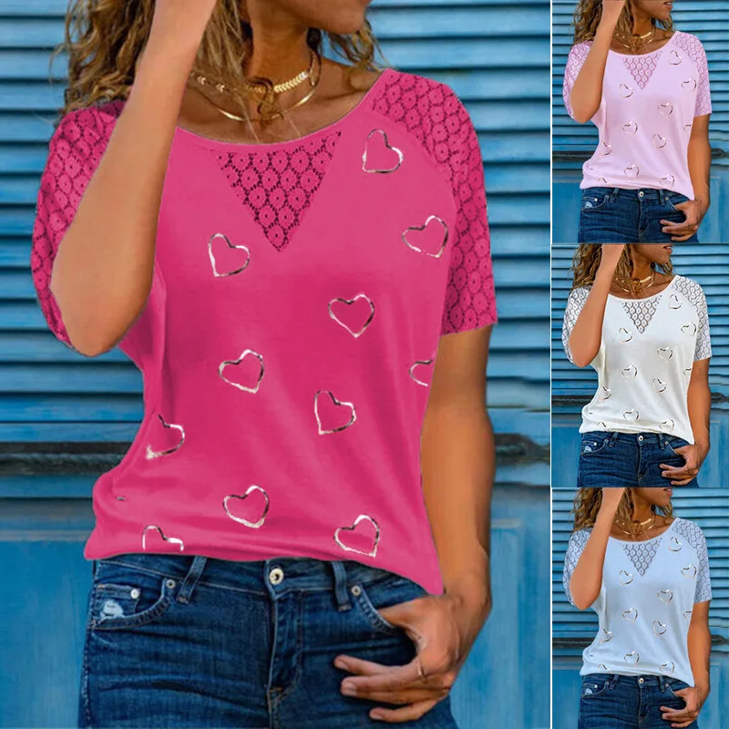 Fashion O Neck Lace Hallow Out Patchwork T Shirt Women Casual Short Sleeve Tops Heart Print Streetwear White Rose T Shirts Blue
Fashion O Neck Lace Hallow Out Patchwork T Shirt Women Casual Short Sleeve Tops Heart Print Streetwear White Rose T Shirts Blue