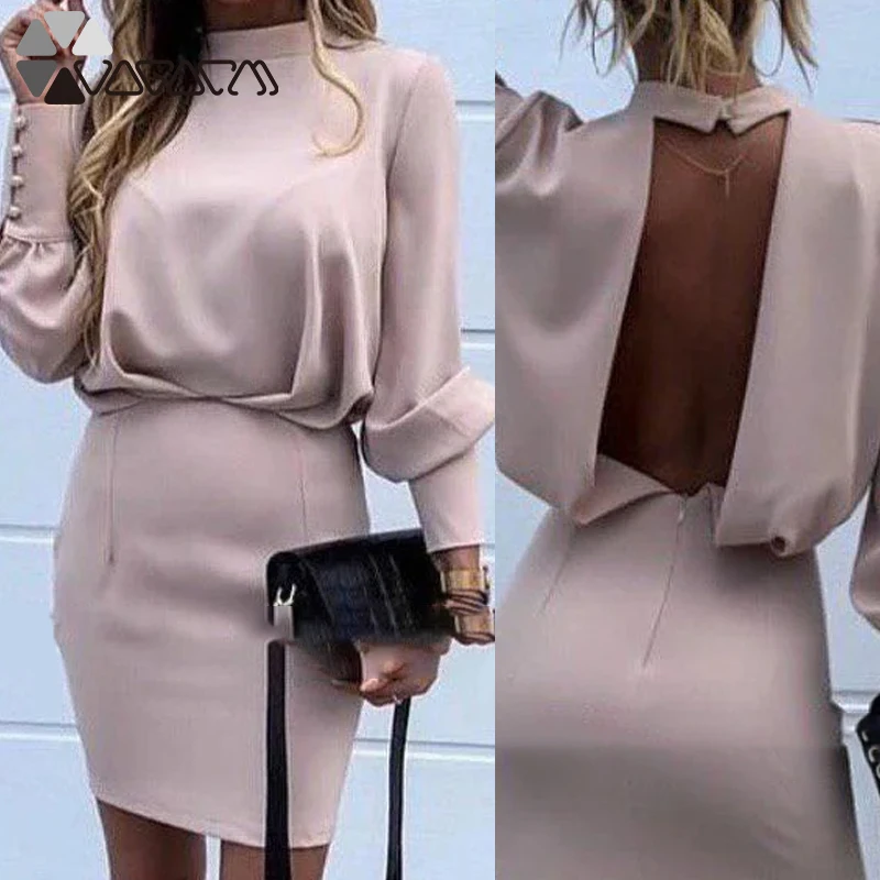 Sexy Women Dress Backless Stand Neck Elegant Autumn Lantern Sleeve Buttons Solid Color Sheath Fashion Party Club Mini Dresses
Sexy Women Dress Backless Stand Neck Elegant Autumn Lantern Sleeve Buttons Solid Color Sheath Fashion Party Club Mini Dresses