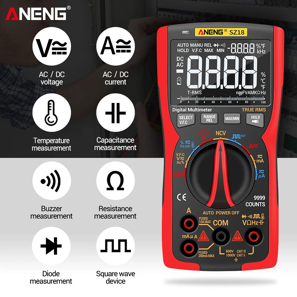 ANENG SZ18 Digital Multimeter 9999 Professional True RMS Analog Tester Multimetro DIY Transistor Capacitor NCV Testers Lcr Meter
ANENG SZ18 Digital Multimeter 9999 Professional True RMS Analog Tester Multimetro DIY Transistor Capacitor NCV Testers Lcr Meter