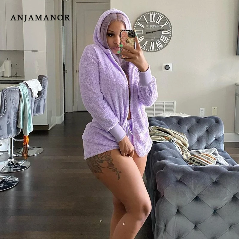 

ANJAMANOR Furry Fleece Two Piece Set Zip Up Hoodies and Shorts Matching Sets Cozy Lounge Wear Winter Clothes Women D27-DG51