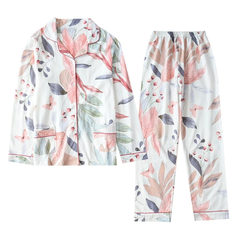 Women Autumn Cotton 2Pcs Pajamas Set Long Sleeve V-Neck Buttons Tops Loose Pants Sleepwear Leaves Print Home Loungewear
Women Autumn Cotton 2Pcs Pajamas Set Long Sleeve V-Neck Buttons Tops Loose Pants Sleepwear Leaves Print Home Loungewear