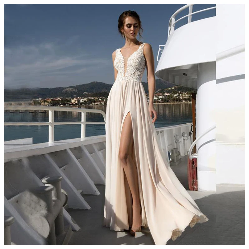 Boho Wedding Dress Champagne A-Line Appliques Chiffon Floor Length Bride Dress Custom Made High Split Wedding Gown
Boho Wedding Dress Champagne A-Line Appliques Chiffon Floor Length Bride Dress Custom Made High Split Wedding Gown