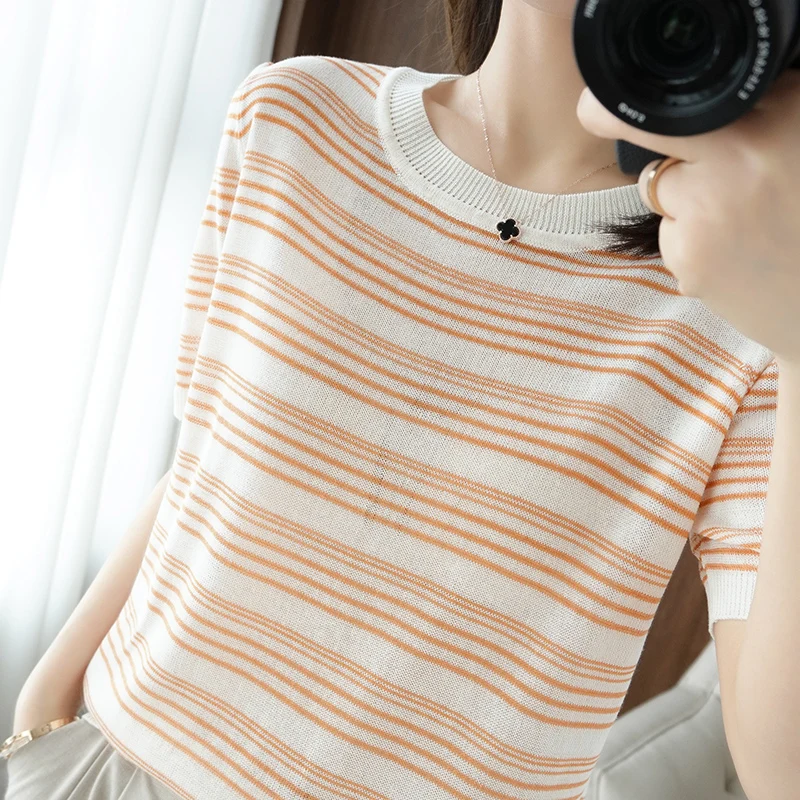 2021 Summer New 100%Cotton Linen Striped Round Neck Knit Short-Sleeved Women' Large Size Pure Cotton T-Shirt Casual Half-Sleeved
2021 Summer New 100%Cotton Linen Striped Round Neck Knit Short-Sleeved Women' Large Size Pure Cotton T-Shirt Casual Half-Sleeved