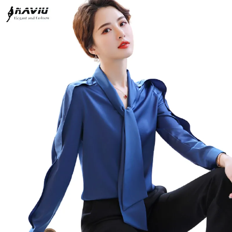 High End Blue Satin Shirt Women Design New Spring Fashion Temperament Streamer Formal Blouses Office Ladies Work Tops
High End Blue Satin Shirt Women Design New Spring Fashion Temperament Streamer Formal Blouses Office Ladies Work Tops