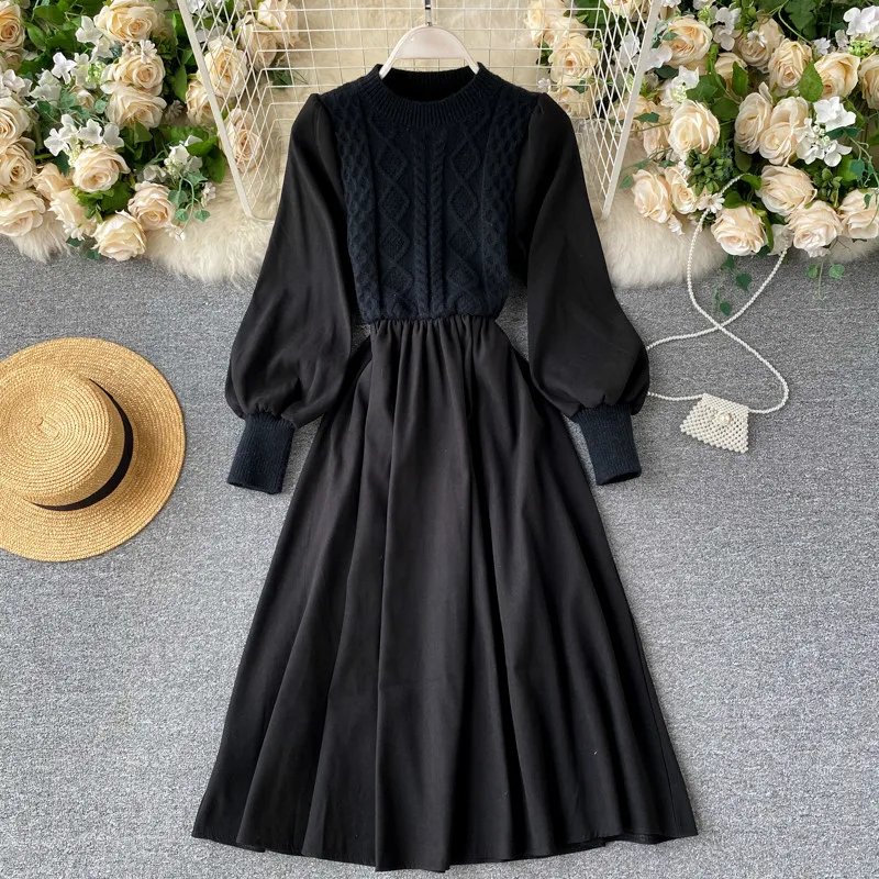 2021 Black Vintage Cocktail Dress Puff Sleeve Knitted Patchwork Woman Dresses 2021 Autumn Vestidos Elegant Fake Two Piece Robe
2021 Black Vintage Cocktail Dress Puff Sleeve Knitted Patchwork Woman Dresses 2021 Autumn Vestidos Elegant Fake Two Piece Robe
