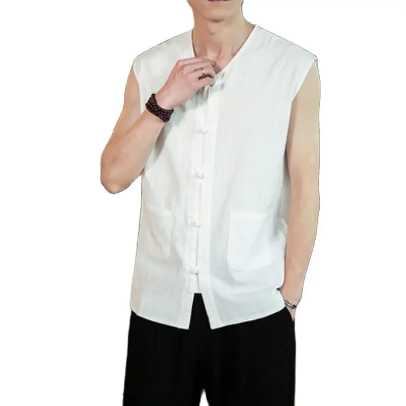 Рубашка мужская в китайском стиле, свободная сорочка без рукавов, льняная рубашка в стиле ретро, с короткими рукавами и пуговицами-пластинами, хлопковая льняная одежда, на лето 
Рубашка мужская в китайском стиле, свободная сорочка без рукавов, льняная рубашка в стиле ретро, с короткими рукавами и пуговицами-пластинами, хлопковая льняная одежда, на лето