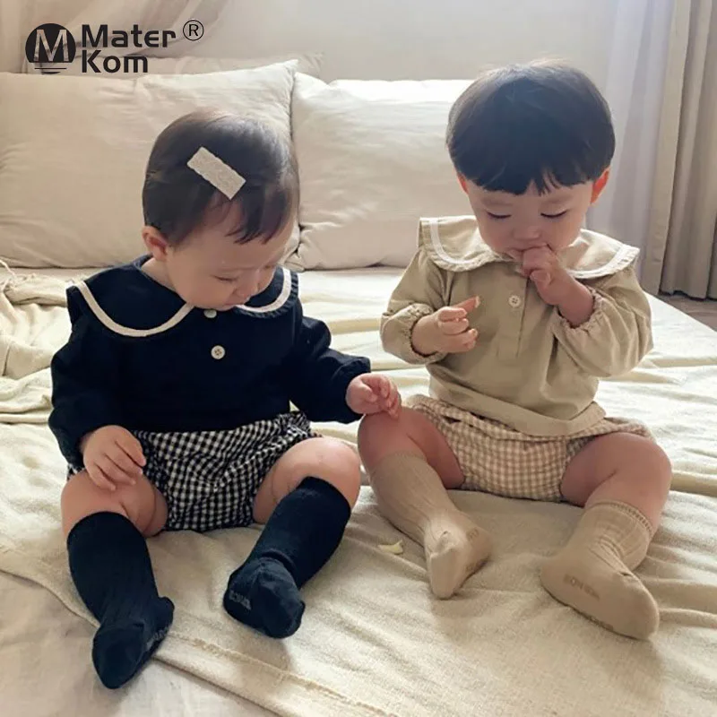 Baby Clothing Covered Shoulders Cotton Boys and Girls Long-sleeved Navy Style Solid Top + Bread Plaid Shorts Suit Baby's Sets 
Baby Clothing Covered Shoulders Cotton Boys and Girls Long-sleeved Navy Style Solid Top + Bread Plaid Shorts Suit Baby's Sets