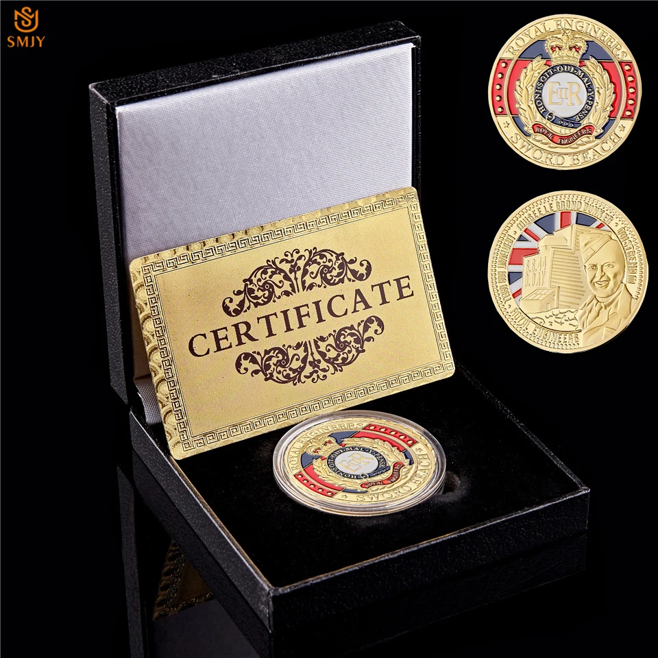 

.Euro UK Royal Engineers D-Day Sword Beach Landing Sports Gold Plated Custom Military Challenge Coin Collection W/Luxury Box