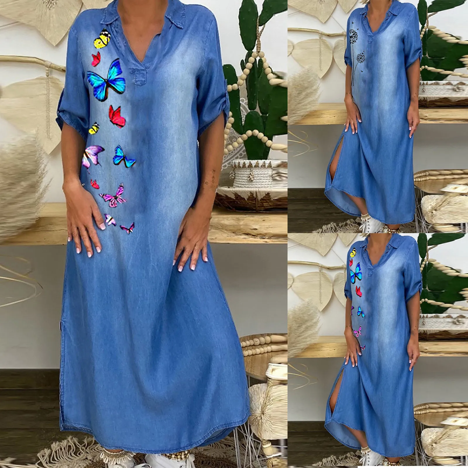 Женское длинное джинсовое платье с разрезом, длинным рукавом 3/4 и V-образным вырезом
Женское длинное джинсовое платье с разрезом, длинным рукавом 3/4 и V-образным вырезом