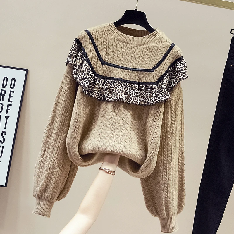 Autumn and winter thickened sweater for women's loose wear 2020 new leopard print lotus leaf splicing Pullover 
Autumn and winter thickened sweater for women's loose wear 2020 new leopard print lotus leaf splicing Pullover