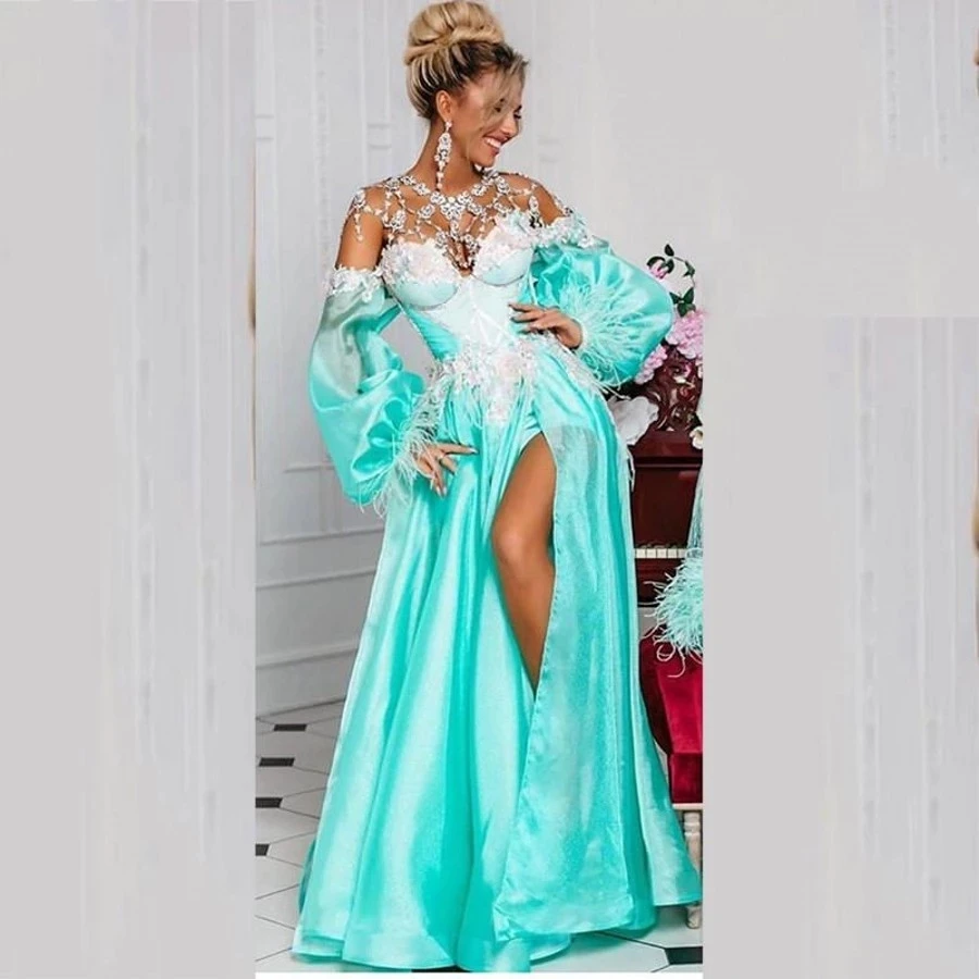 Women's Long Satin Formal Evening Dress O Neck Puff Full Sleeves Prom Party Gown Sexy High Split Feathers Floor Length Garment
Women's Long Satin Formal Evening Dress O Neck Puff Full Sleeves Prom Party Gown Sexy High Split Feathers Floor Length Garment