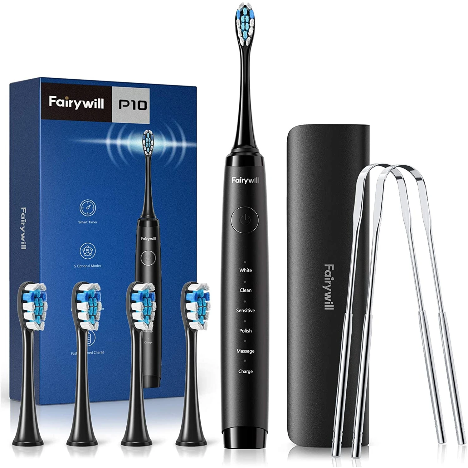 Fairywill Ultra-Sonic Electric Toothbrush P10 Rechargeable 4 Replacement Heads Smart Timer with Travel Case & Tongue Scraper
Fairywill Ultra-Sonic Electric Toothbrush P10 Rechargeable 4 Replacement Heads Smart Timer with Travel Case & Tongue Scraper
