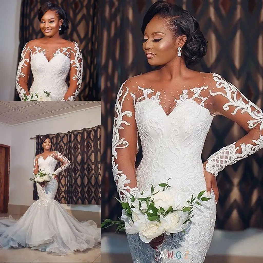 Long Sleeve Mermaid Wedding Gowns Sheer Neck Lace Applique Outdoor African Trumpet Bride Party Wears vestido de noiva
Long Sleeve Mermaid Wedding Gowns Sheer Neck Lace Applique Outdoor African Trumpet Bride Party Wears vestido de noiva