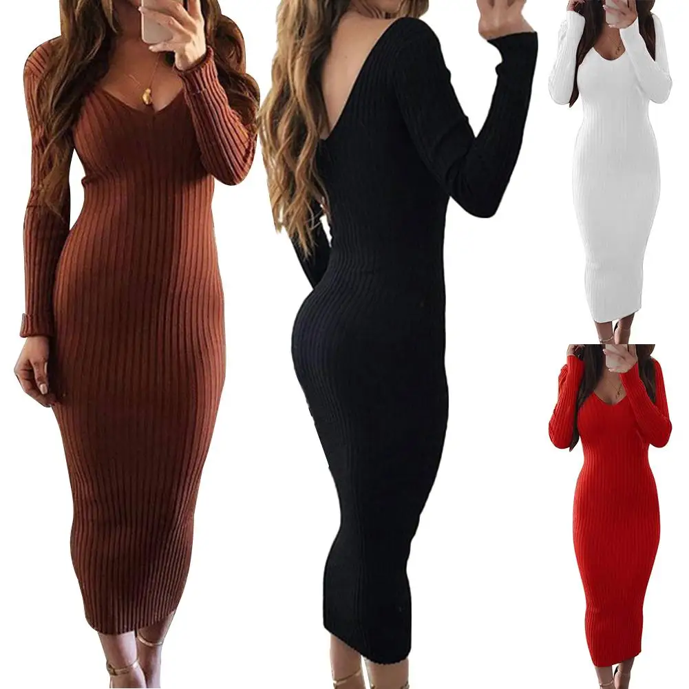 Sexy Women Long Sleeve V Neck Backless Ribbed Bodycon Slim Knitted Midi Dress vestidos de fiesta de noche women dress
Sexy Women Long Sleeve V Neck Backless Ribbed Bodycon Slim Knitted Midi Dress vestidos de fiesta de noche women dress