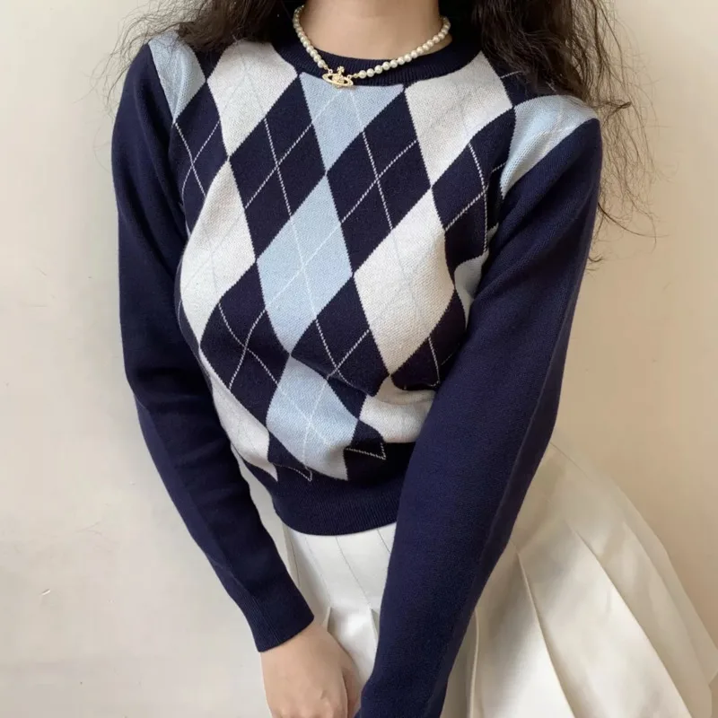Vintage Argyle Plaid Woman Kintted Sweaters Round Collar Long Sleeve Knitwear Female Pullovers Tops Autumn Winter 2020
Vintage Argyle Plaid Woman Kintted Sweaters Round Collar Long Sleeve Knitwear Female Pullovers Tops Autumn Winter 2020