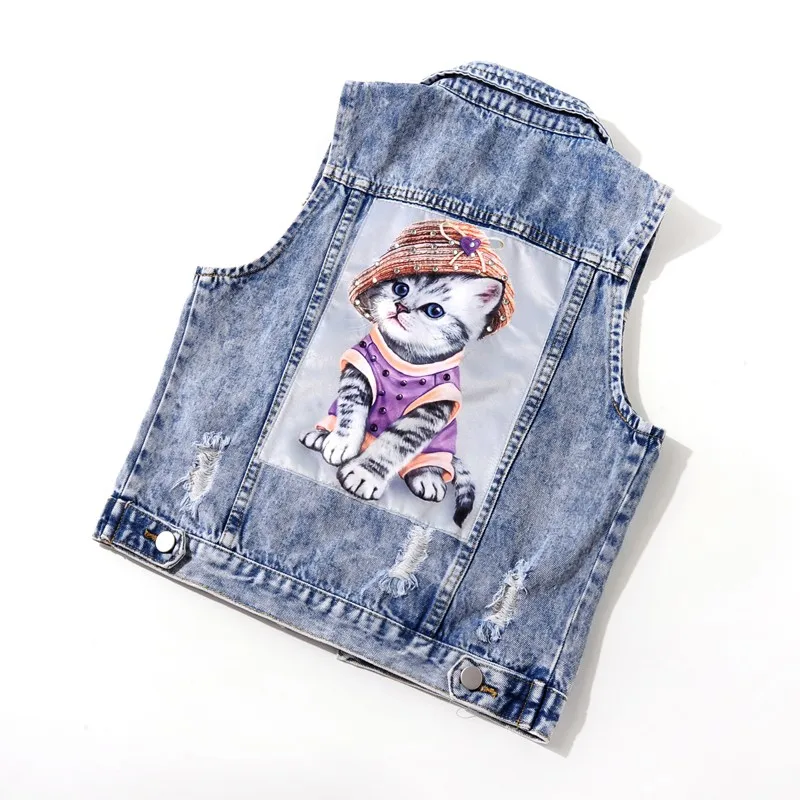 Women Summer Sleeveless Denim Jacket Kawaii Cat Printed Vest Top Hole Ripped Rivets Waistcoat Ladies Casual Jean Vests Coat | Женская
