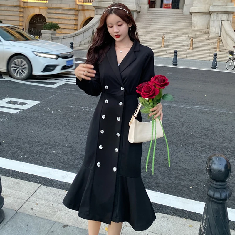 Fashion Korean Autumn Vintage Long Sleeve Midi Party Dress Women Elegant Robe Casual Double Breasted Black Mermaid Female Dress
Fashion Korean Autumn Vintage Long Sleeve Midi Party Dress Women Elegant Robe Casual Double Breasted Black Mermaid Female Dress