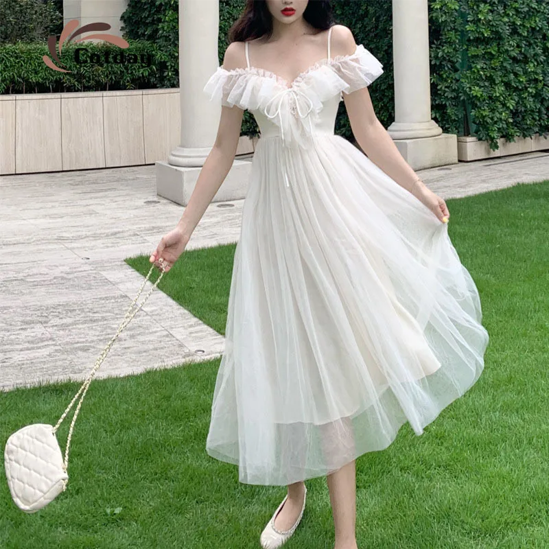 Cotday Beach Sweet Fairy Princesses Ruffles Ball Gown Lace V-neck Spaghetti Stap Mesh Chiffon Fashion Summer White Women Dress
Cotday Beach Sweet Fairy Princesses Ruffles Ball Gown Lace V-neck Spaghetti Stap Mesh Chiffon Fashion Summer White Women Dress