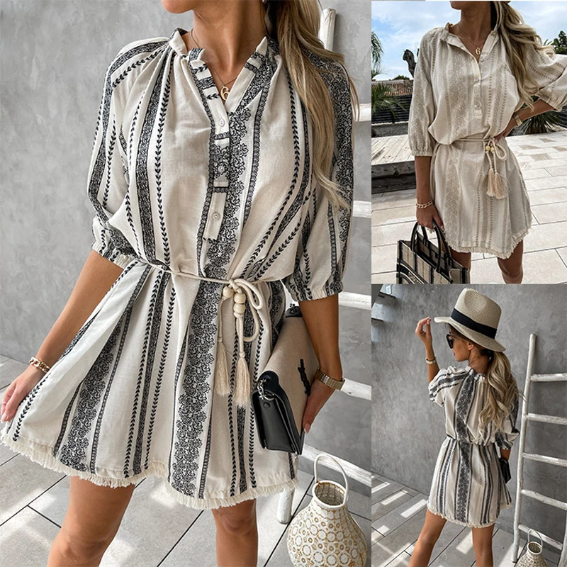 Fashion Printed Dresses Women Elegant Half Sleeve Collected Waisted Dress Ladies Bohemian V Neck A Line Mini Dresses
Fashion Printed Dresses Women Elegant Half Sleeve Collected Waisted Dress Ladies Bohemian V Neck A Line Mini Dresses